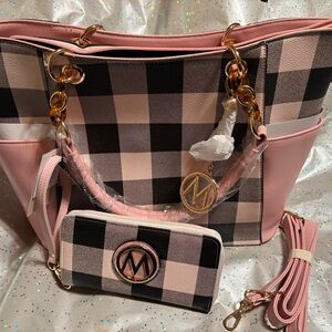 BRAND NEW 2pc Set-MFK ‘MIA’ Black/Pink Plaid Bag & Wallet W/Crossbody strap